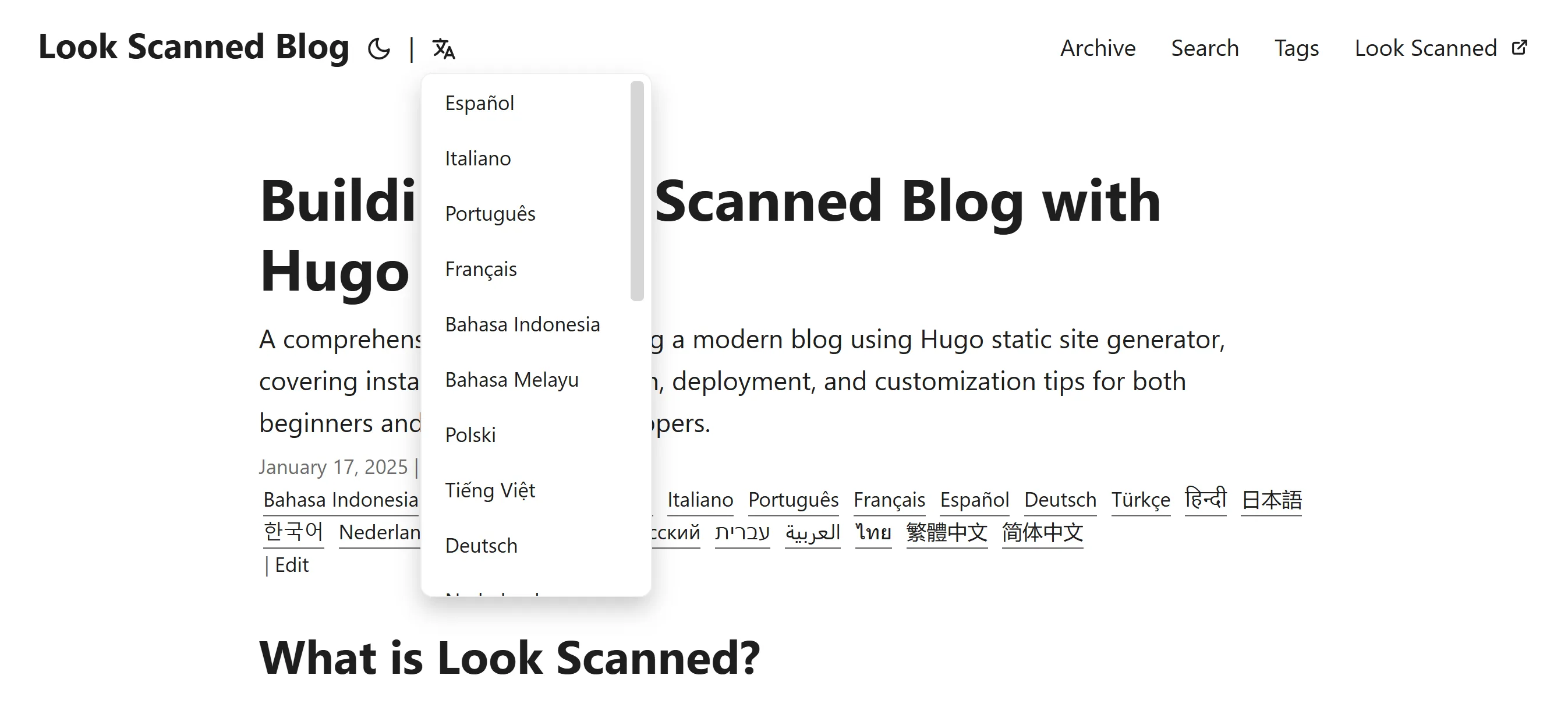 Hugo PaperMod تھیم میں کسٹم زبان منتخب کنندہ